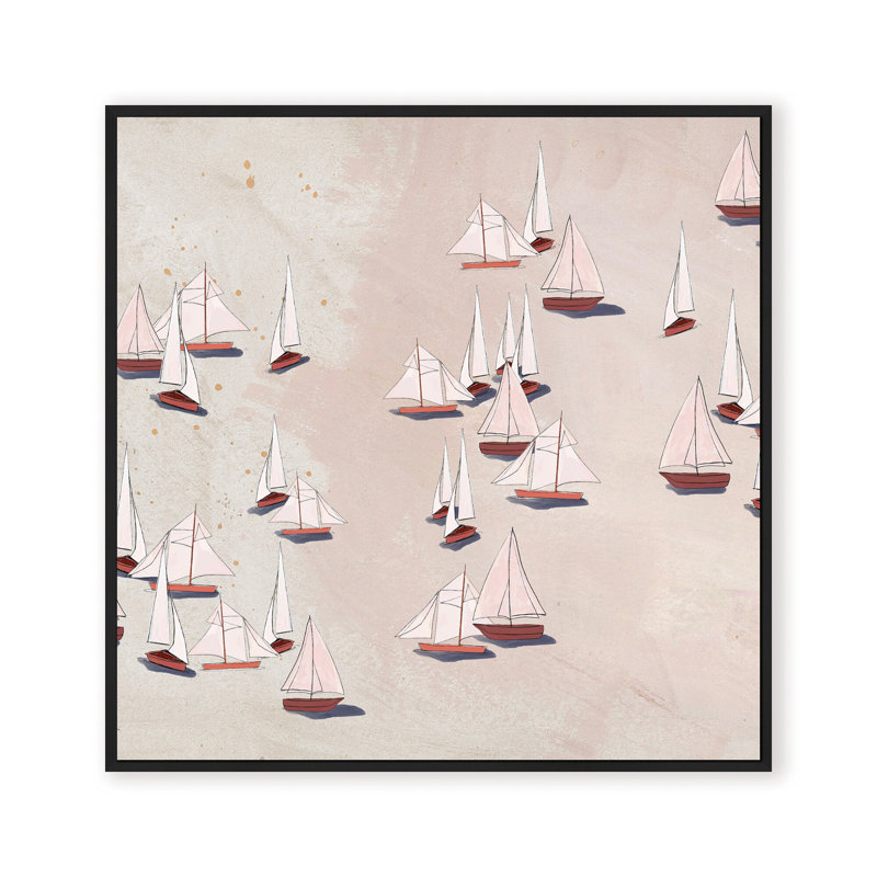 Coastal Retreat Modern Ensemble: Sailboat Odyssey, Beige, Framed Matted Print, 16" H x 16" W