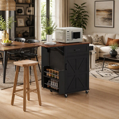 39.3" Farmhouse Kitchen Island with Drop Leaf, Kitchen Storage Island with Open Side Rack, One Drawer, Towel Rack, Rolling Kitchen Cart with Lockable Wheels for Lawn Garden, Black