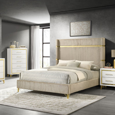Malcolm Beige Upholstered Queen Wingback Bed