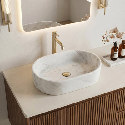 Lavabo de salle de bain en marbre naturel, pierre naturelle, marbre véritable, marbre véritable, 23,6 x 15,7 x H 5,9 pouces / 600 x 400 x H 150 mm