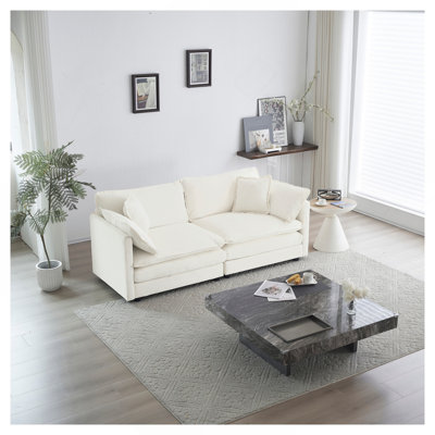 Canapé de causeuse moderne en tissu pour salon, canapé rembourré 2 places à assise profonde de grande taille avec 4 coussins, chenille blanche