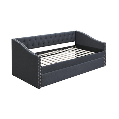 Daybed Sofa W Slats N Trundle Bed, Nailhead Trim, Charcoal Gray Fabric