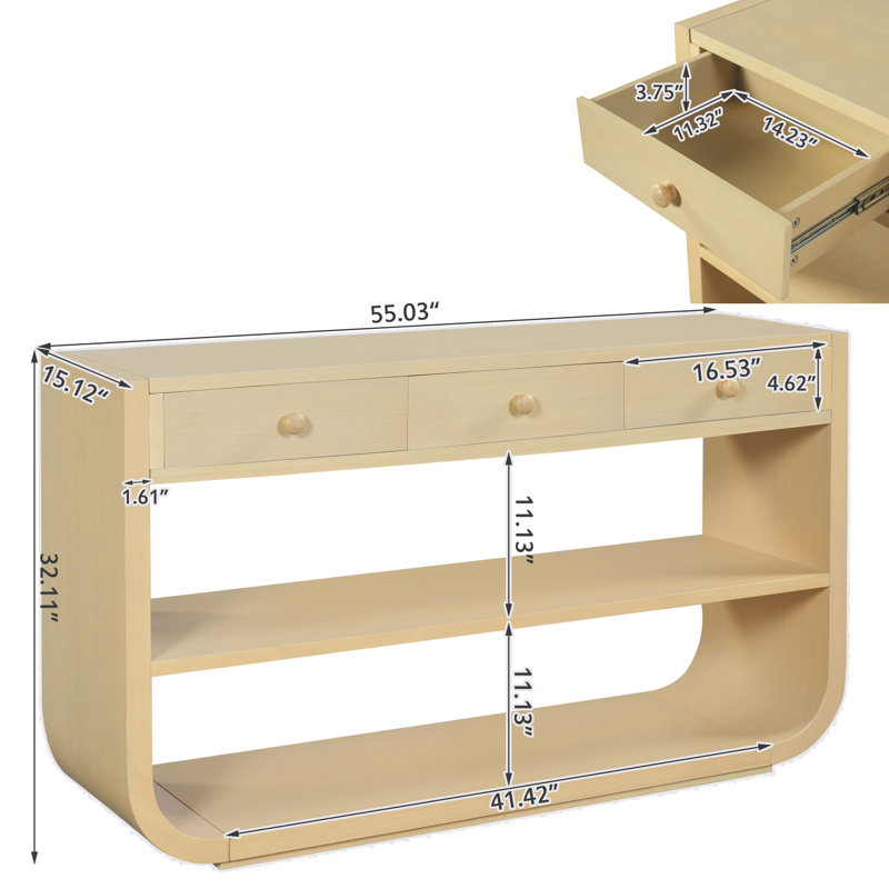 Console Classic Design avec 3 tiroirs et 2 tablettes ouvertes, Natural Wood