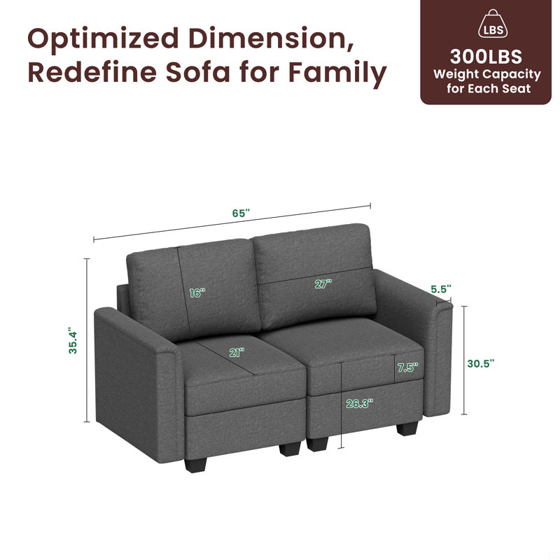 Canapé modulaire modulaire avec siège de rangement, H 13,9 po x l 25,6 po x P 12 po