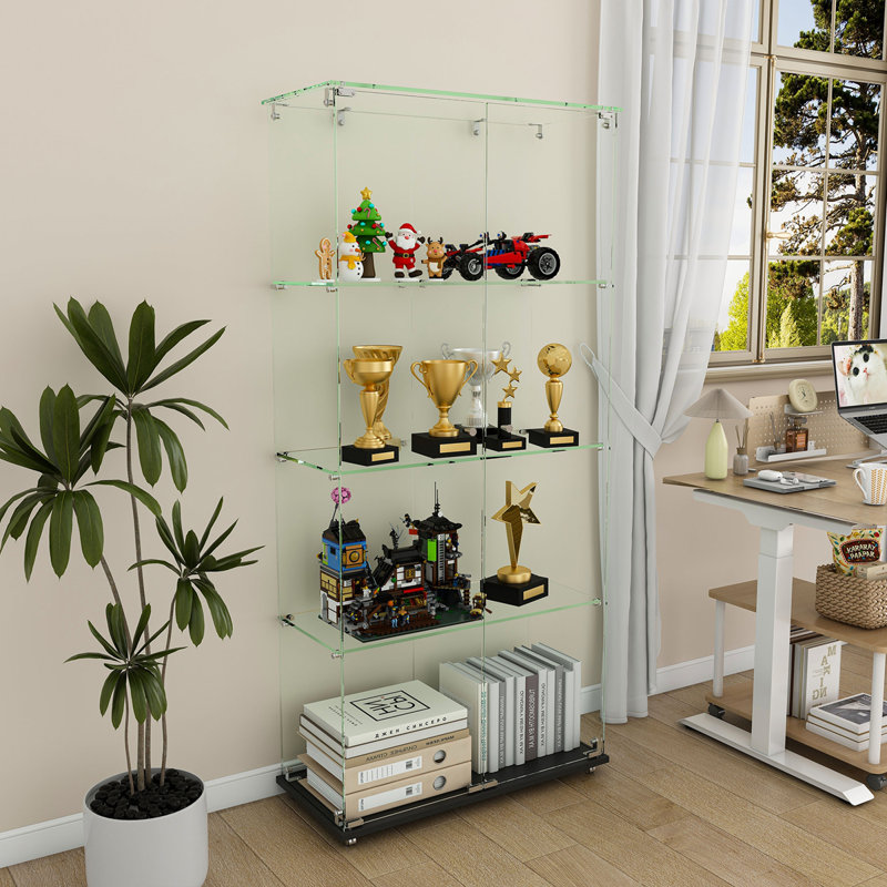Vitrine à 4 niveaux en verre avec 4 modes DEL dynamiques, portes doubles et tablettes fixes pour un accès facile, vitrine au sol pour le bureau à domicile ou la présentation de magasin
