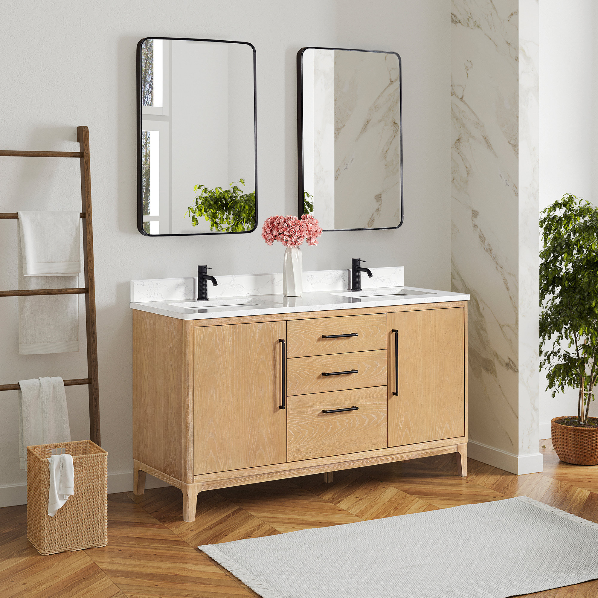 Langosta 60'' Free Standing Double Bathroom Vanity with Top, Washed Ash Gray