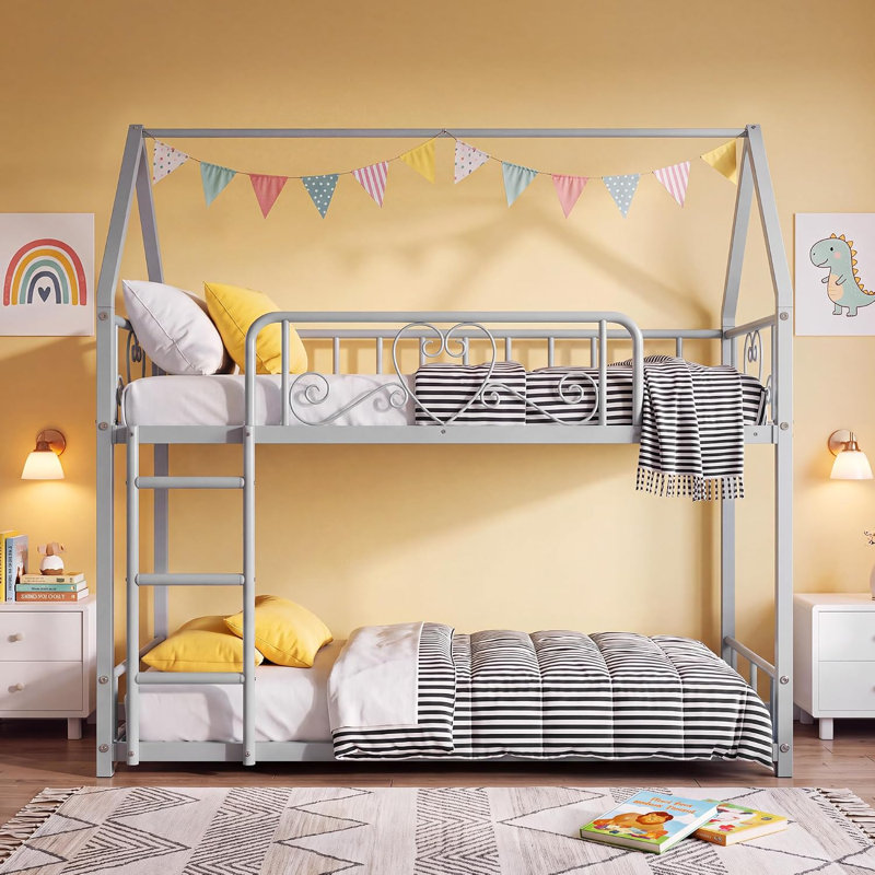 Twin Over Twin Bed, House Bunk Bed Frame with Ladder, Gris