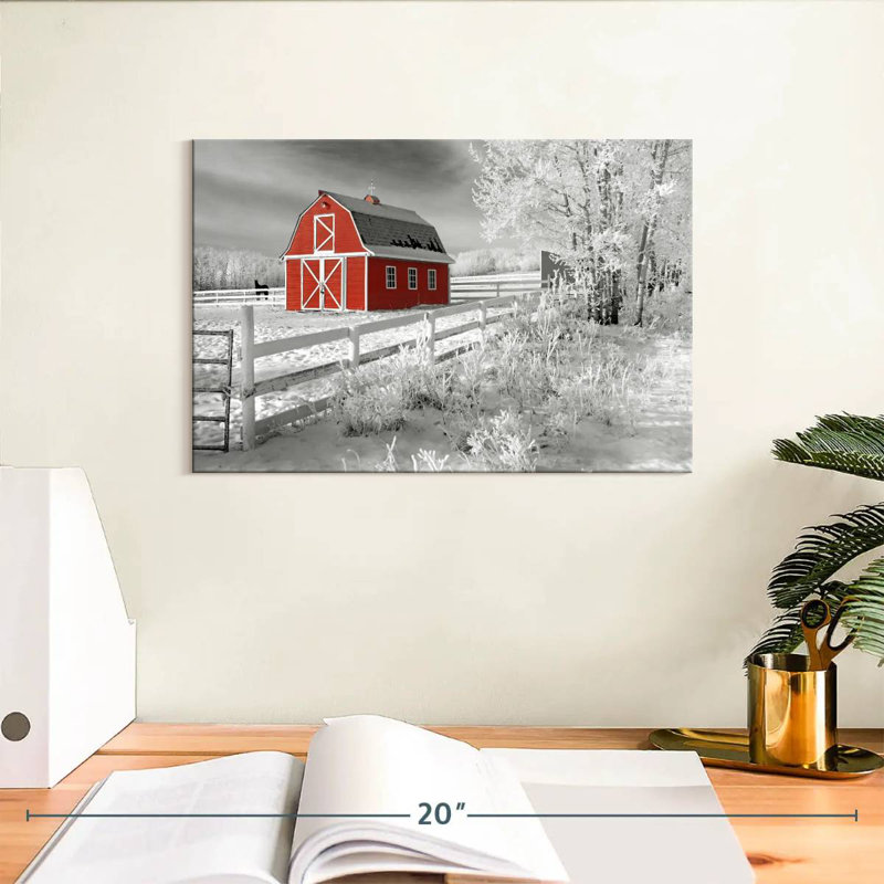 Grange rouge en hiver, H 8 po x l 12 po