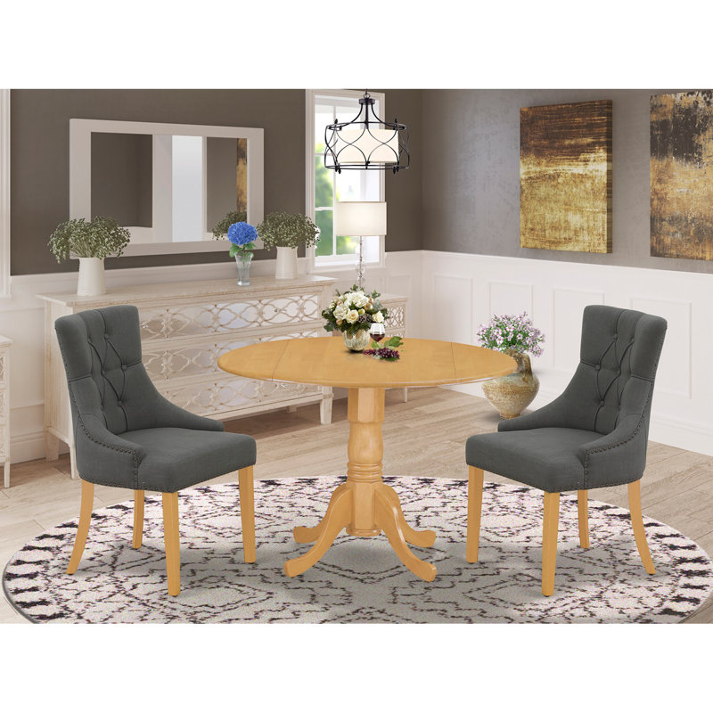 Ensemble de salle à manger 3 pièces pour petits espaces comprenant une table de salle à manger ronde avec Dropleaf et 2 chaises Parson en tissu de lin Gotham foncé, chêne