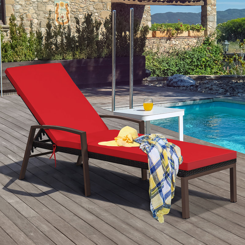 Chaise longue d'extérieur inclinable en rotin de patio, Rouge, 1