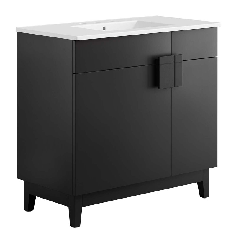 Meuble-lavabo sur pied simple 36 po avec plateau en céramique Modway Miles, Noir, Blanc