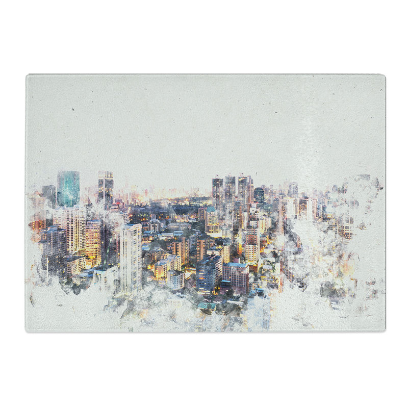 Tempered Glass Bangkok Skyline in Thailand Watercolour Chopping Board, 28.5 cm x 39 cm