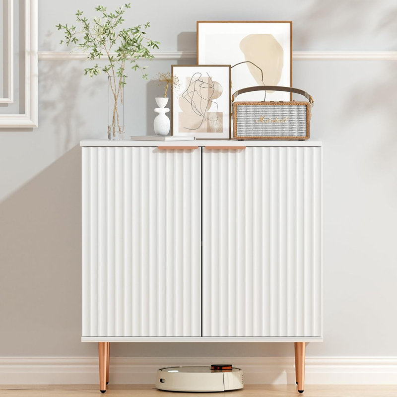 Fluted Storage Cabinet,Wood Sideboard Buffet Cabinet With Adjustable Shelf, Fluted Accent Cabinet With Gold Metal Legs, Console Table For Living Room,Dining Room,Kitchen