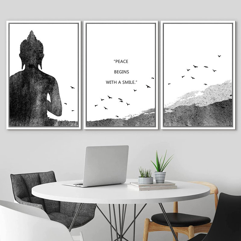 Ensemble d'œuvres d'art mural sur toile, Bouddha, L 48 po x H 24 po, Cadre blanc