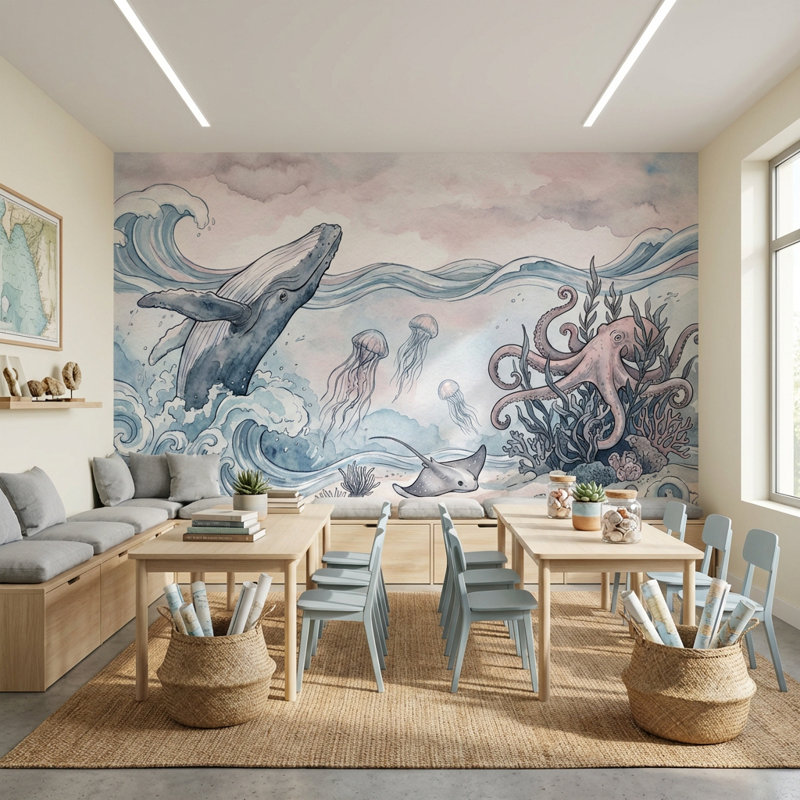 Murale de pieuvre sous-marine, 100 po x 96 po, Peler et coller