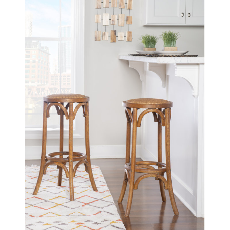 Fredericksburg Round Rattan Seat Counter Stool with Solid Wood Frame, Walnut, Bar Stool (30" Seat Height)