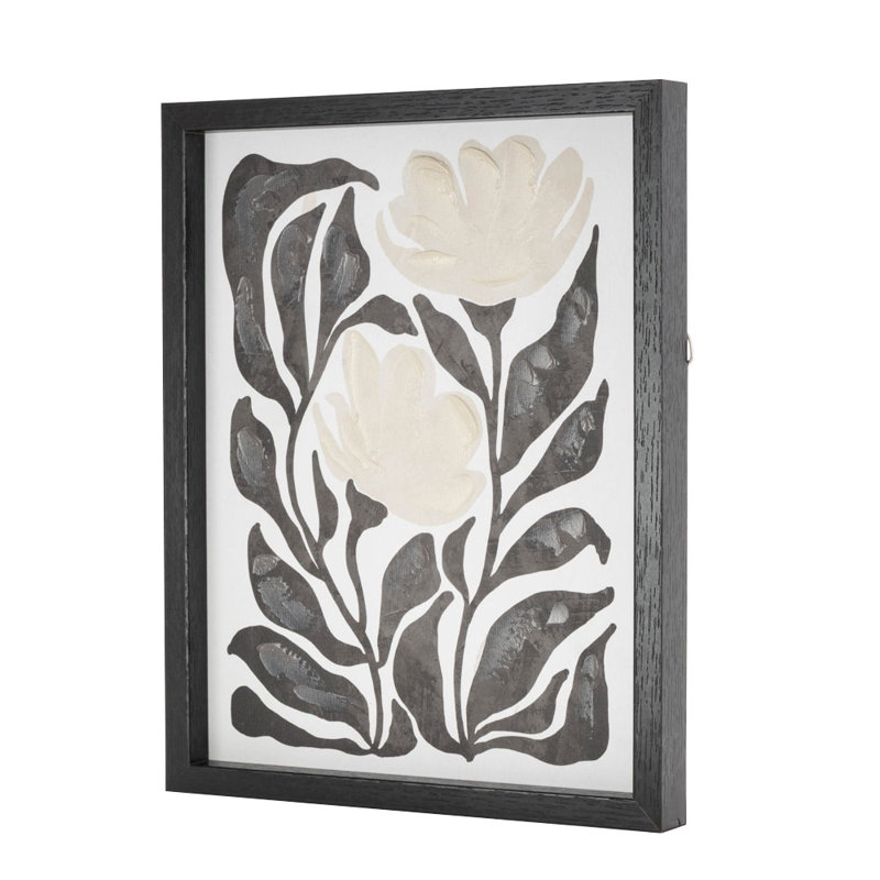 Cole et toile grise, art mural de salon blanc avec tiges et feuilles noires, H 14 po x l 11 po