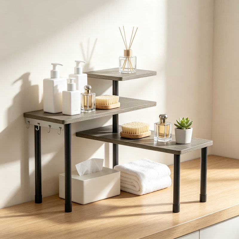 Étagère de coin en bambou pour rangement de comptoir de salle de bain, Grey