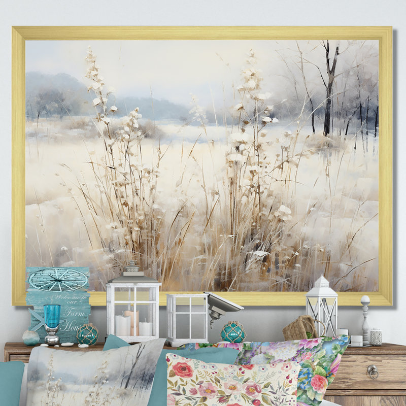 «Winter Meadow View calmness I», reproduction sur toile, Cadre d'angle fermé doré, H 32 po x l 24 po x P 1 po