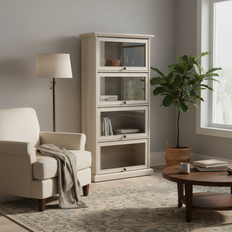 White 4-layer Glass Display Cabinet With Flip-up Glass Door Design For Storage And Collection Display, Suitable For Living Rooms (specially For Antiques, Toys, And Books)