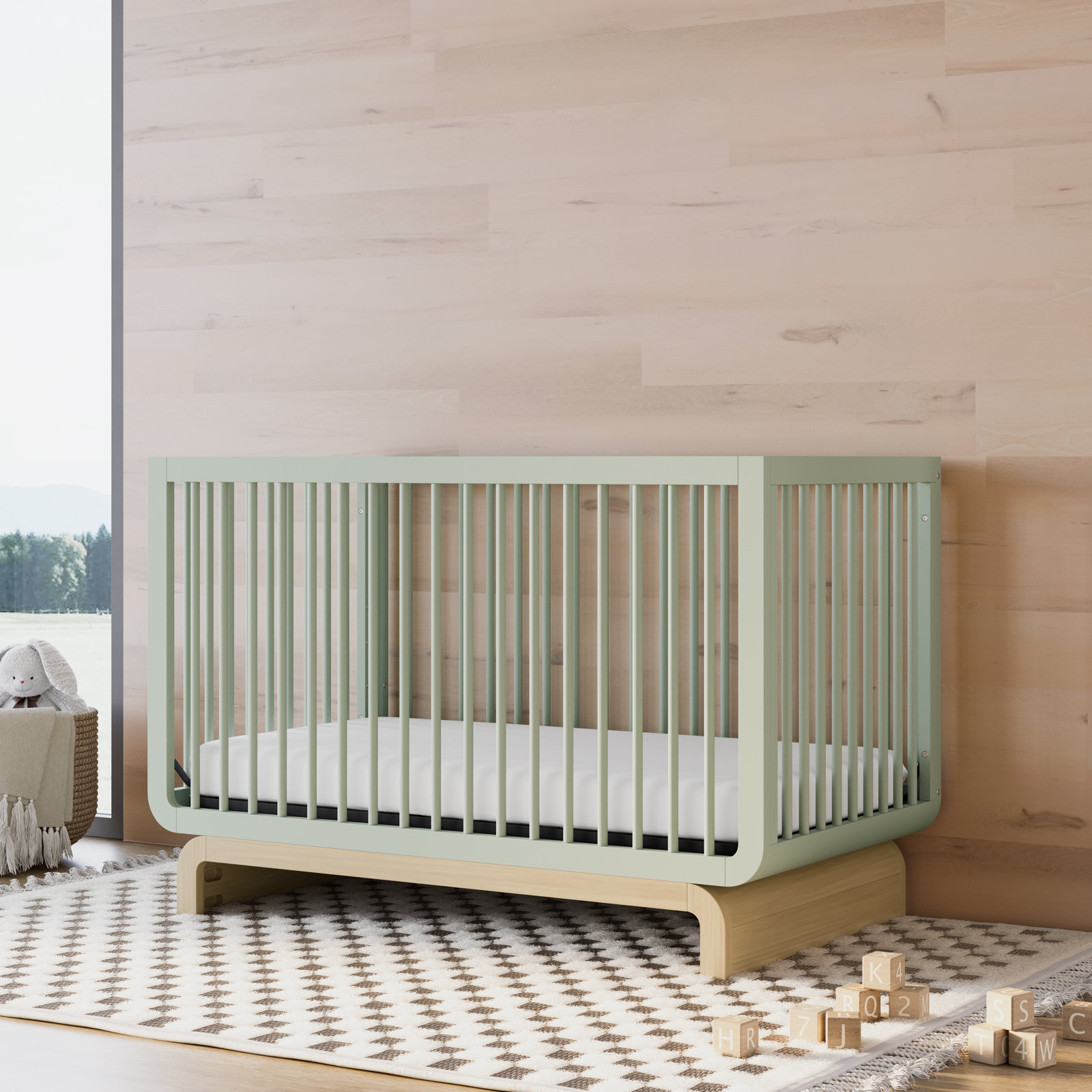 Santorini Pine 5-in-1 Convertible Crib, Sage/Driftwood, Crib + Mattress