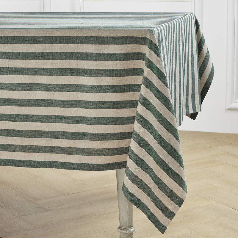 100% Pure Linen Tablecloth - Fete, 120" L x 60" W, Hunter Green/Natural