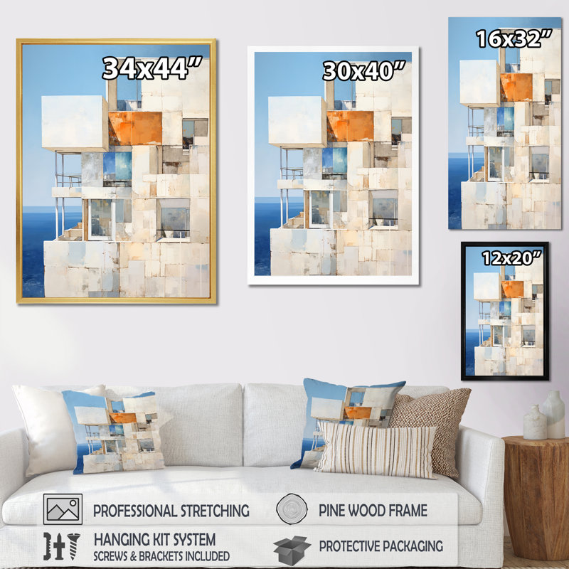 " Soft Color Cubic Beach House " Print, Gold Floater Framed, 20" H x 12" W x 1" D
