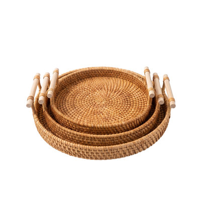 Plateau de service rond en rotin avec poignées en bois, ensemble de 3 plateaux tissés pour table basse, collations et présentation de fruits
