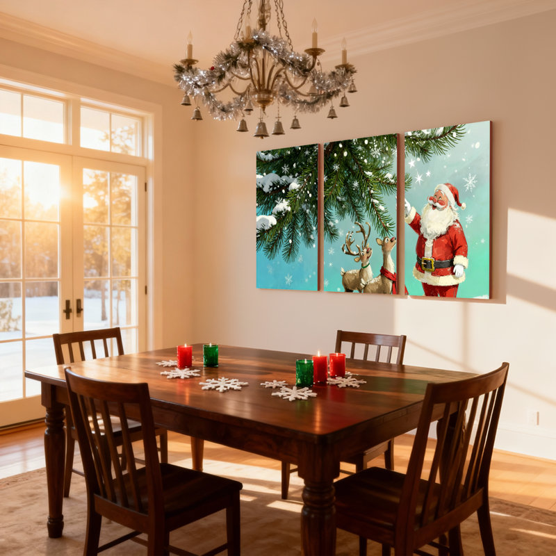 Père Noël de Noël avec renne dans la forêt enneigée, ensemble de 3 impressions sur toile, H 24 po x l 48 po