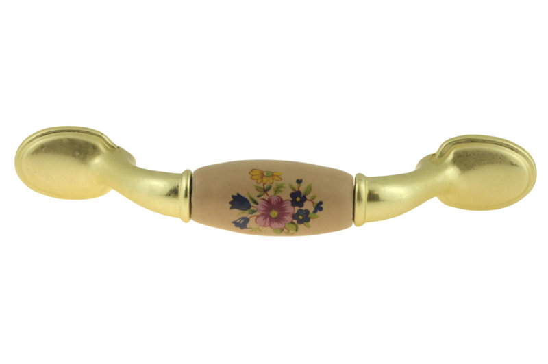 Poignée 3 po amande foncé avec fleurs en laiton antique, Laiton poli