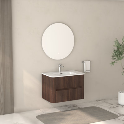 30" Wall Mounted Bathroom Vanity With White Ceramic Sink, Two Soft-Close Drawers, Dark Walnut, American Style, - Plywood, Hassle- Setup For Minimalist Bathrooms Integrated Mounted, -, Ample Storage