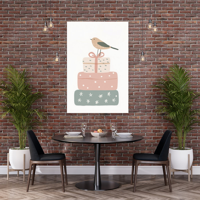 Festive Bird Presents Minimalist Modern Whimsical Bird Winter Landscape Wall Art Print by Mathieu - Wrapped Canvas Print