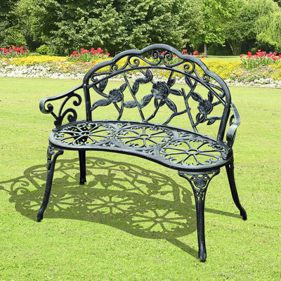 Banc de jardin avec motif floral et siège respirant en fonte d'aluminium, finition estampée