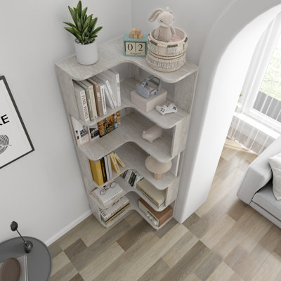 Bibliothèque d'angle autoportante à 6 niveaux pour salon, chambre à coucher, bibliothèque en bois avec panneau anti-goutte et dispositif anti-basculement, étagère de rangement ouverte pour le bureau à domicile