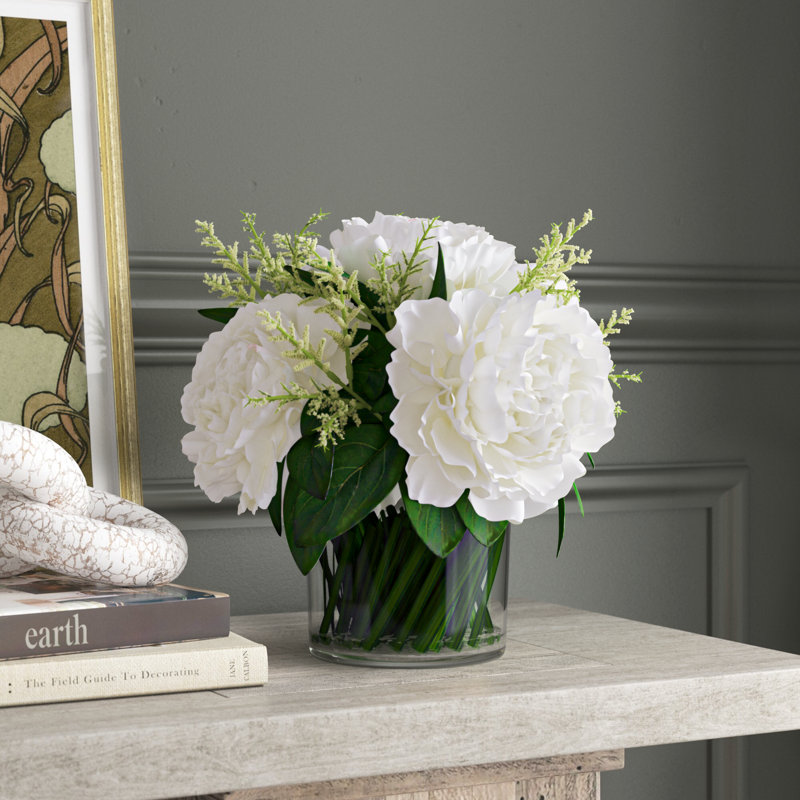 Ferdinand Peony Floral Arrangements in Vase, White/Green
