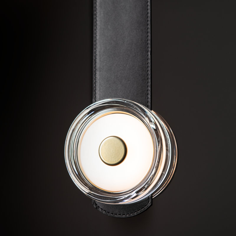 SNAPS Floor-to-Ceiling Plug-in LED Lamp - Black Finish - Chestnut Leather - Pressed Glass, Chestnut Leather, Black