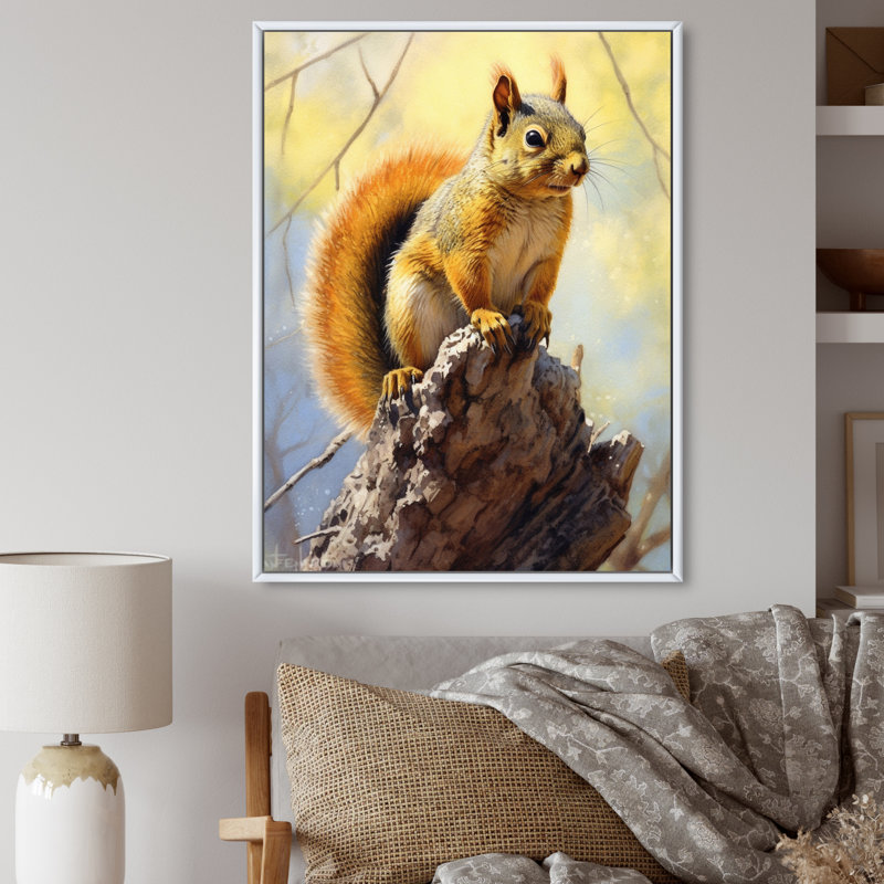 Écureuil vif sur toile, Cadre flottant blanc, H 32 po x l 16 po x P 1 po