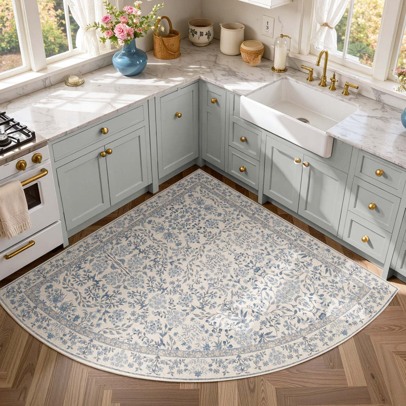 Floral Machine Washable Area Rug, Corner 5' x 5', Blue