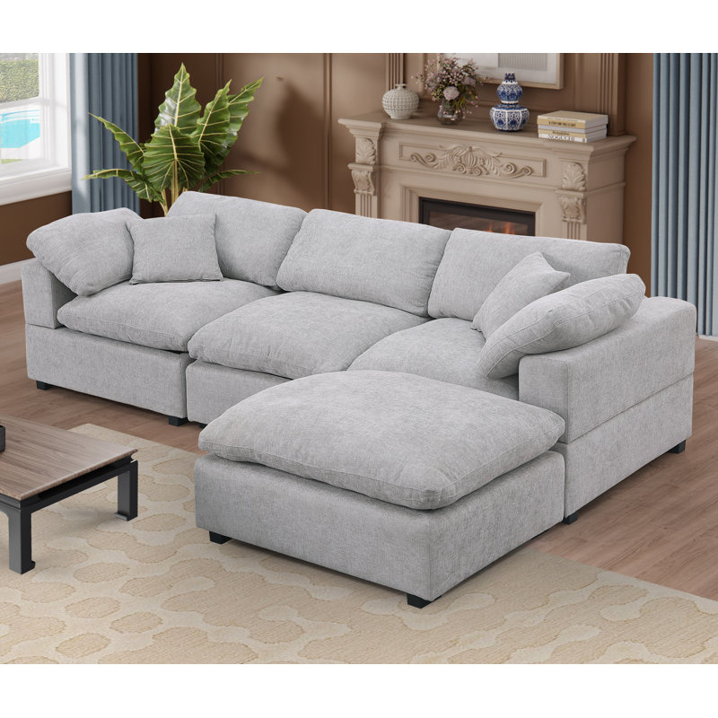 Caylob 4 - Piece 111.5" W Modular Sectional Upholstered Chenille L Shaped Couch With Reversible Ottoman, Gray Chenille