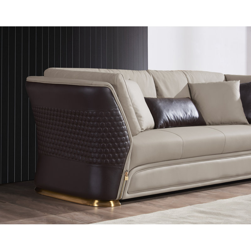 Leather Loveseat, Sand Beige/Chocolate Genuine Leather