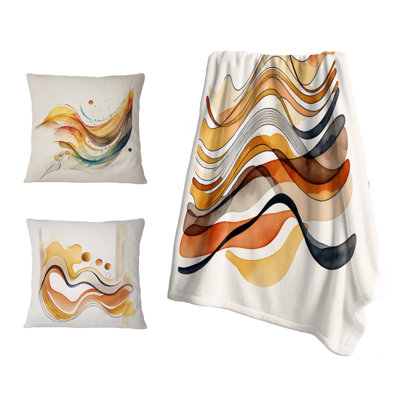 Burnt Orange Waves Abstract I - Abstract Minimalism Throw Blanket And Pillow Set