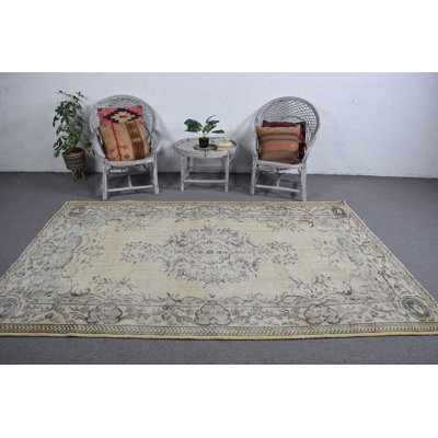 Grand tapis tissé à la main style turc rétro Oushak avec motif floral jaune pour le salon