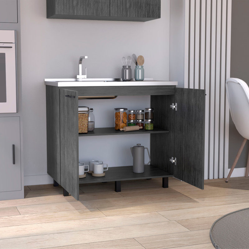 Armoire utilitaire autoportante à 2 portes avec comptoir en acier inoxydable et 2 portes, chêne fumé