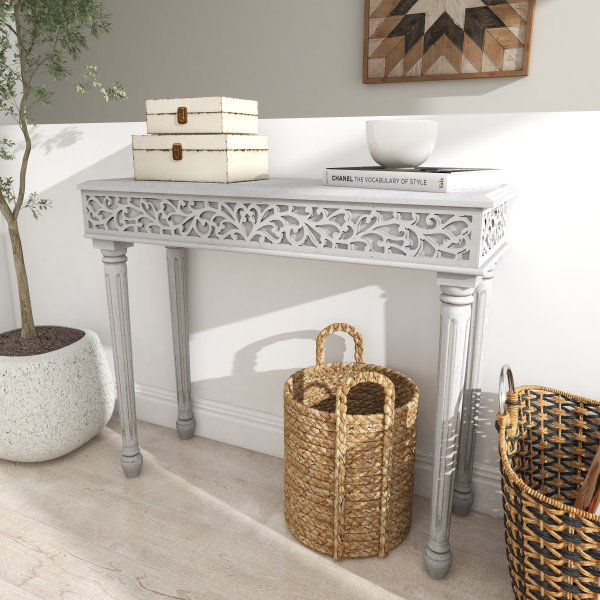 Wood Intricately Carved Scroll Console Table August Grove Color: Dark Grey