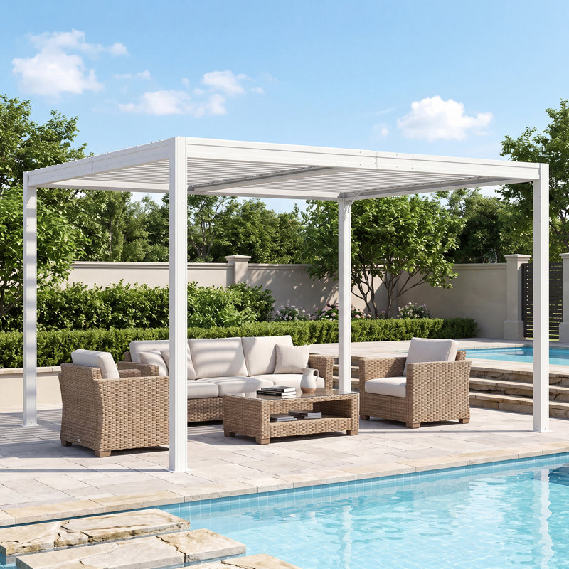 Pergola d'extérieur en métal avec toit réglable et système de drainage Domi, 91.57" H x 148.94" W x 148.94" D, Blanc