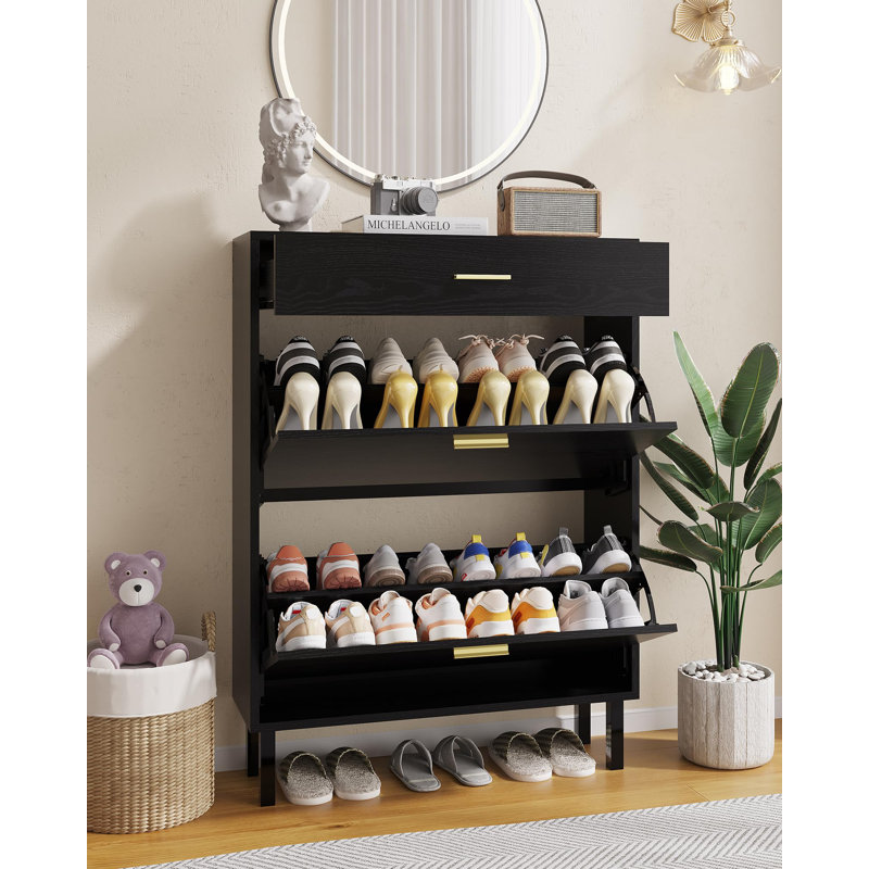 Armoire de rangement pour chaussures avec deux tiroirs rabattables, organisateur de chaussures peu encombrant pour vestibule, couloir ou vestibule, armoire à chaussures dissimulée