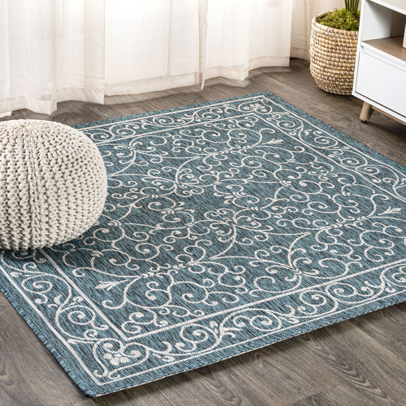 Hagerman Vintage Filigree Textured Weave Teal/Gray Indoor/Outdoor Rug, Square 9'