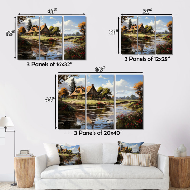 Danemark, campagne, idylle sur toile, 3 pièces, H 28 po x l 36 po