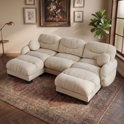 Modular Pleated U-Shape Sectional Sofa with Ottomans and Curved Armrests