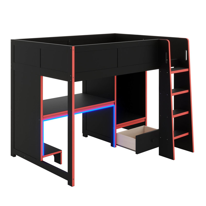 Lit mezzanine avec bureau intégré, garde-robe et lumières DEL, tiroir de rangement, Lit double